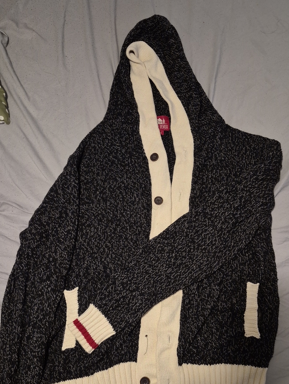 Cabin Fever Black Heather Hooded Cardigan with Cream Trim